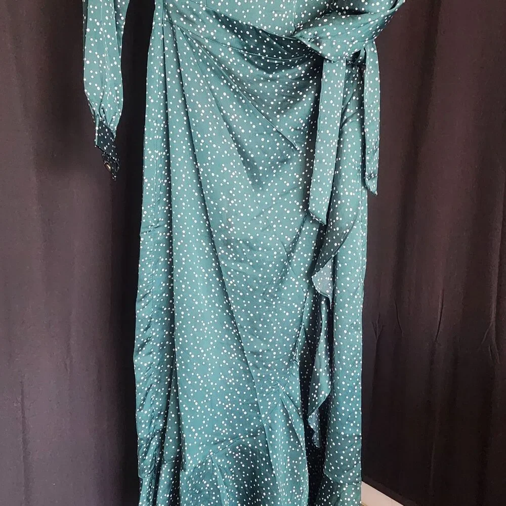 Veiled Collection Emerald Polka Dot Satin Wrap Maxi Dress Ruffle Modest Size XS